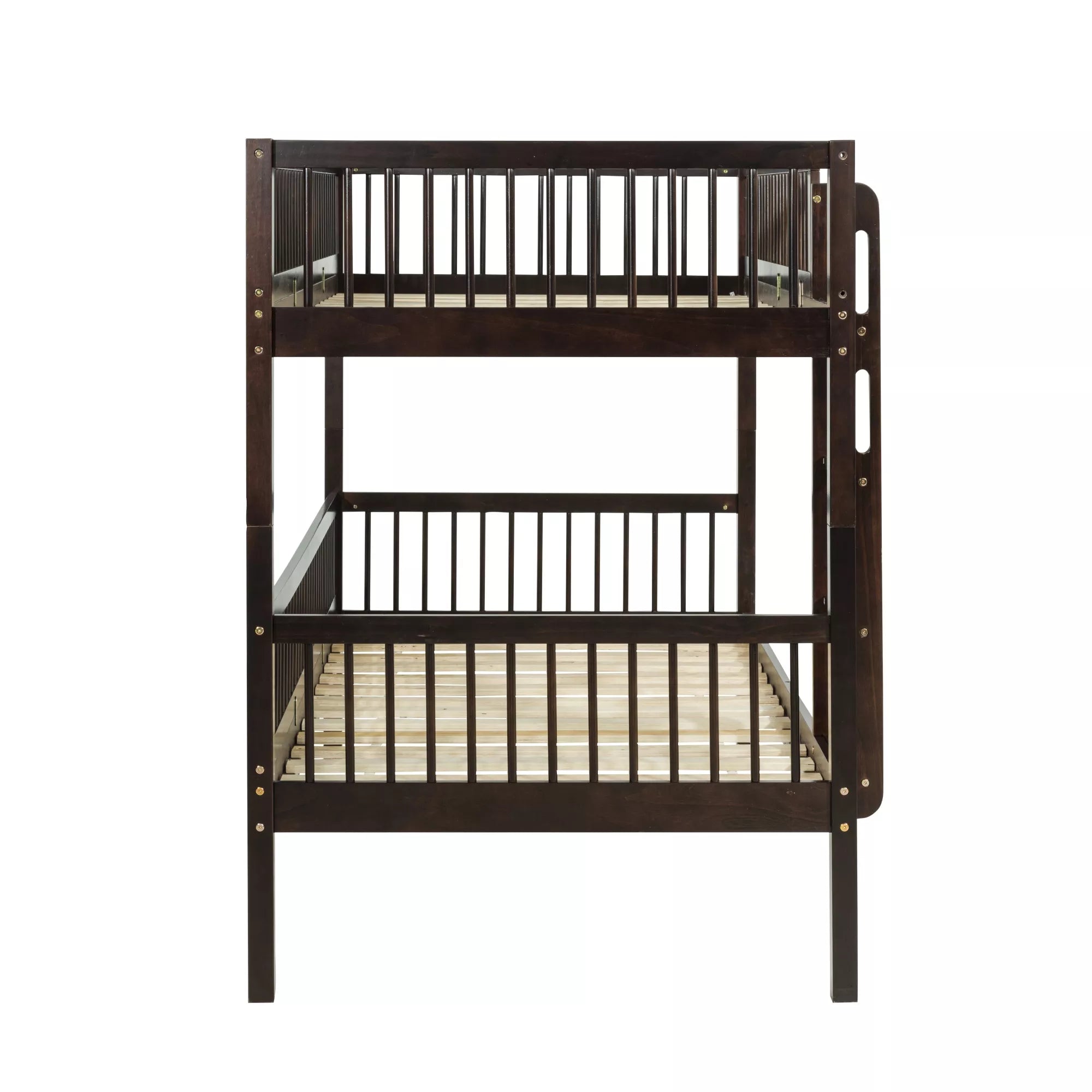 Side view of a dark brown wooden Twin over Twin bunk bed