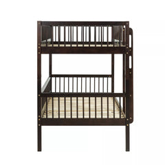 Side view of a dark brown wooden Twin over Twin bunk bed
