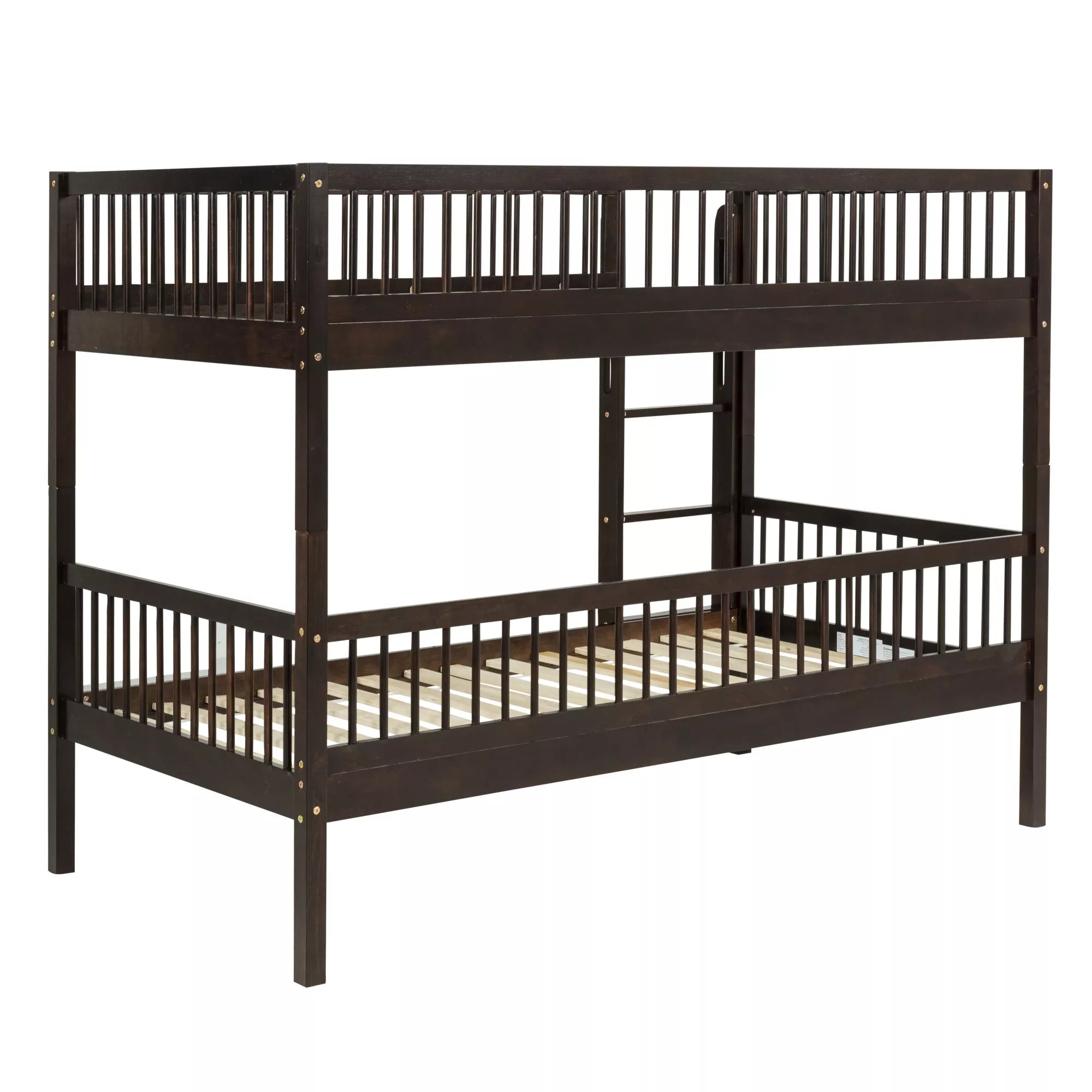 Angled view of a dark brown wooden bunk bed with slat support
