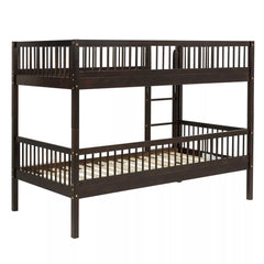 Angled view of a dark brown wooden bunk bed with slat support