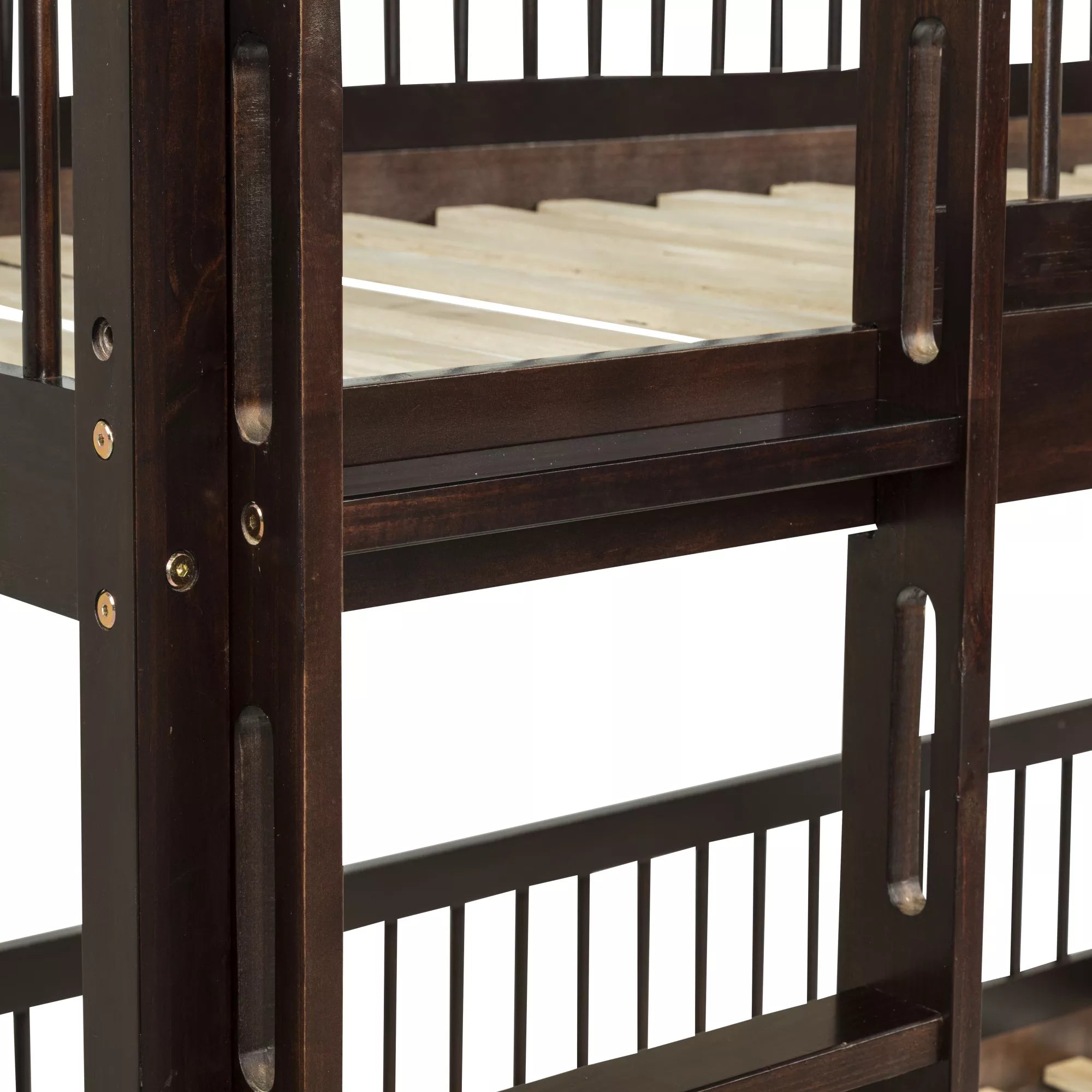 Close-up of the wooden bunk bed side rail and slat support