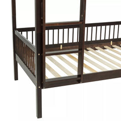 Side close-up of the lower bunk guardrail and wooden bed frame