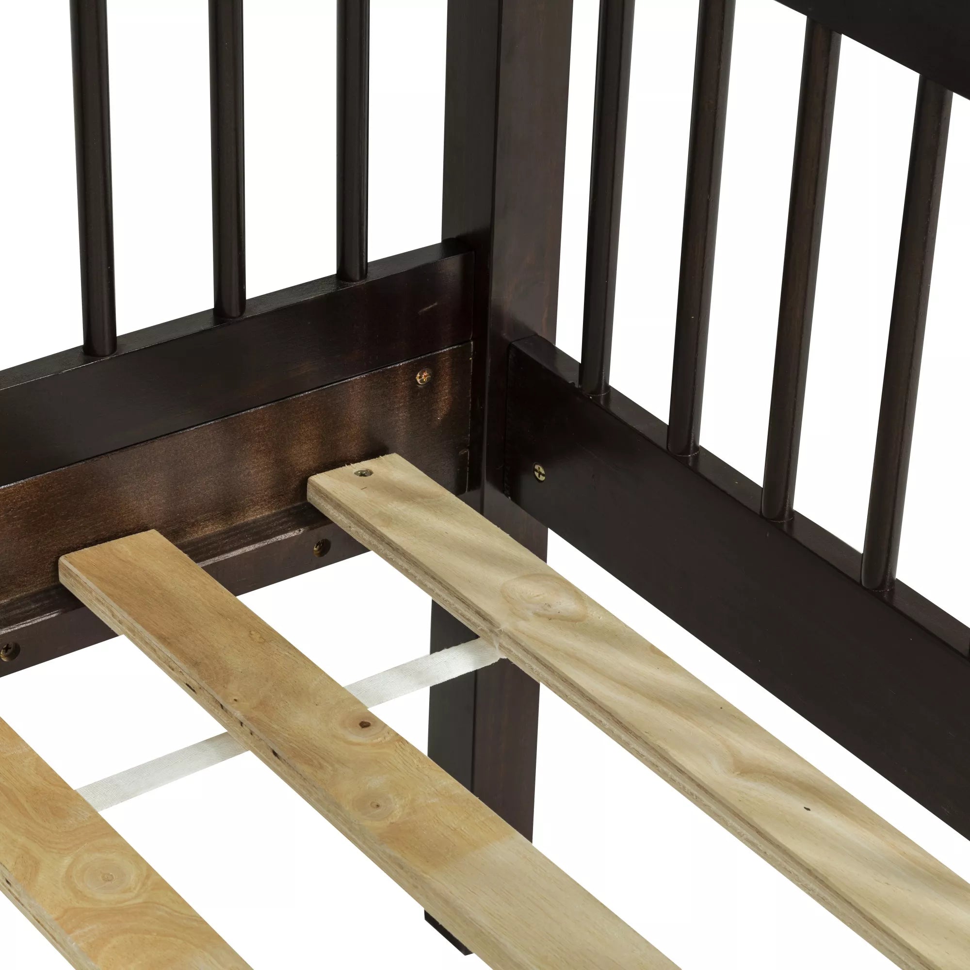 Close-up of wooden slats fitted into the bunk bed frame