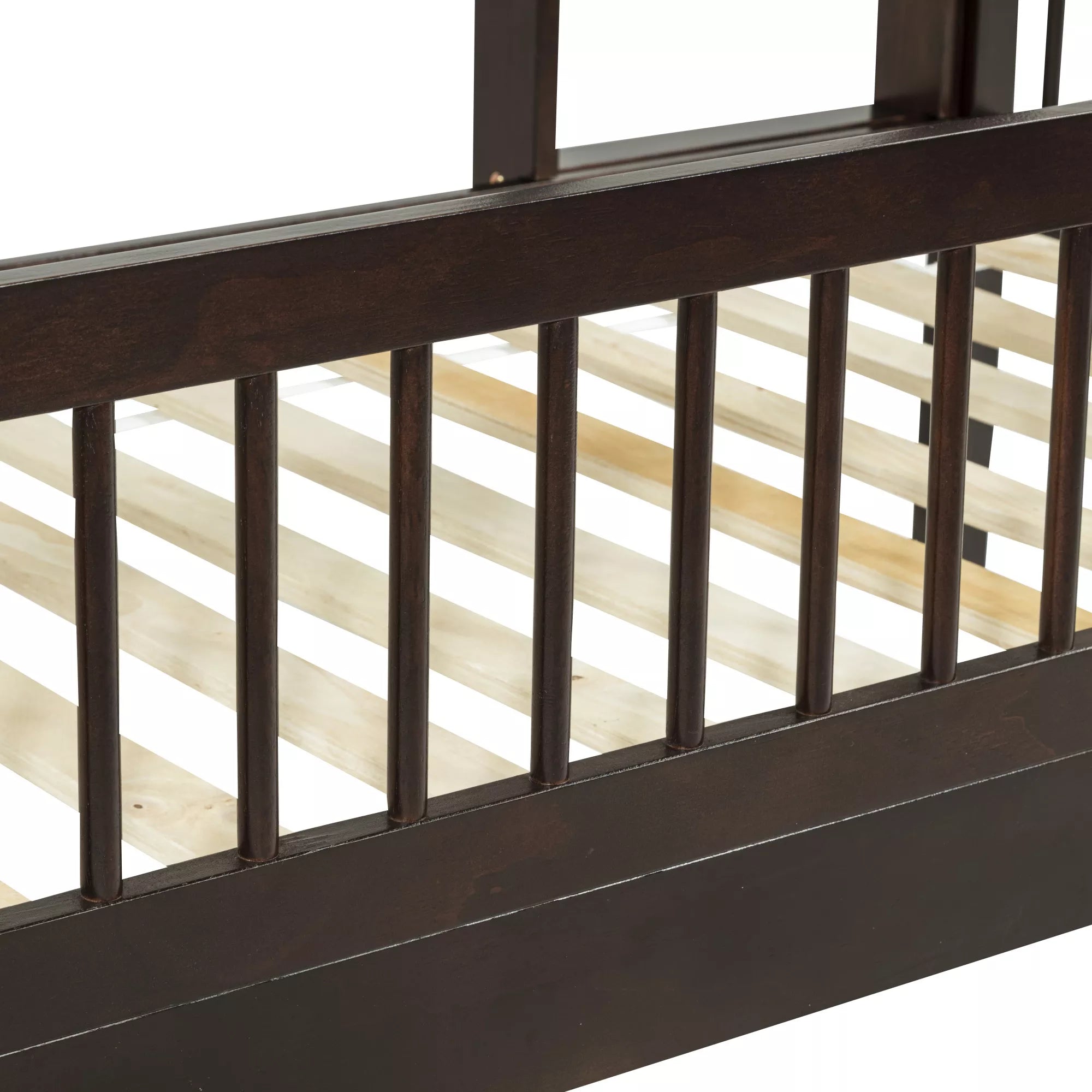Close-up of the wooden guardrail and slat platform