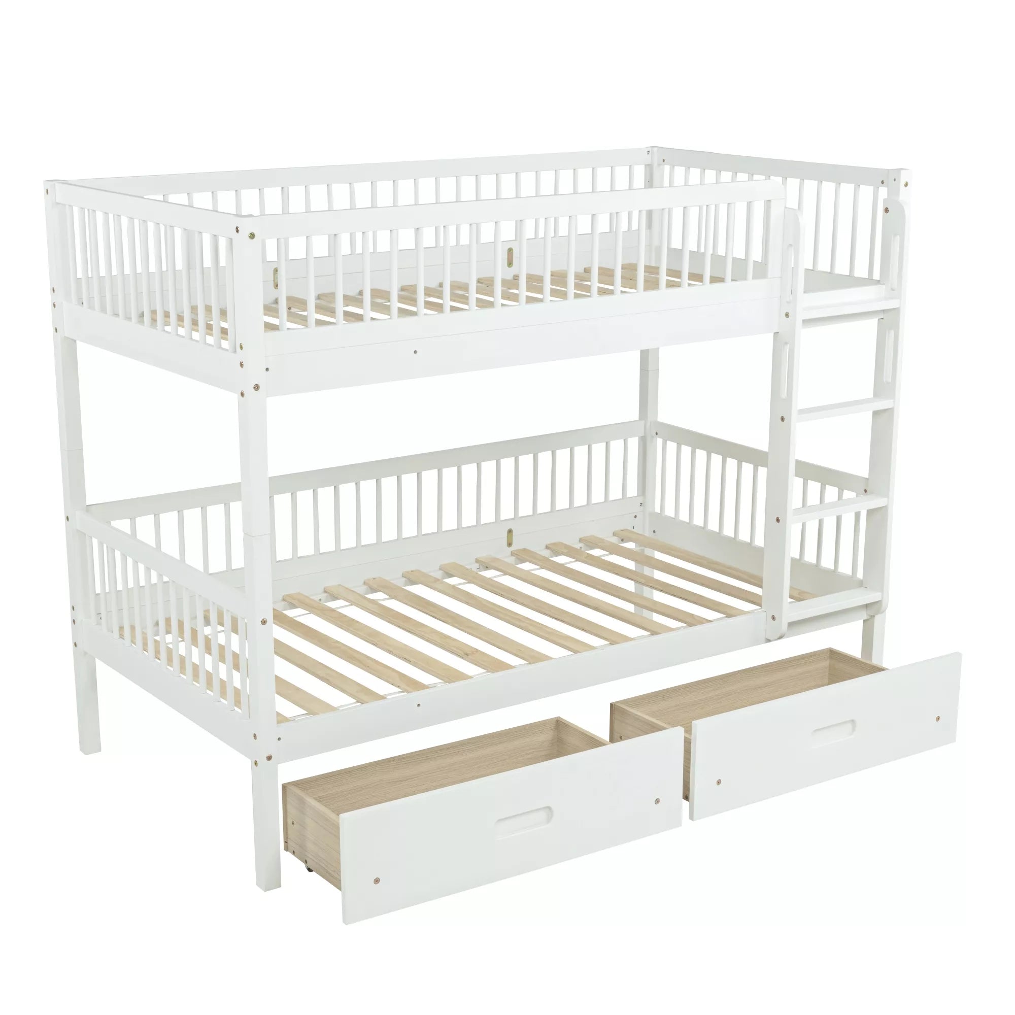 white twin over twin bunk bed with storage drawers and safety guardrails