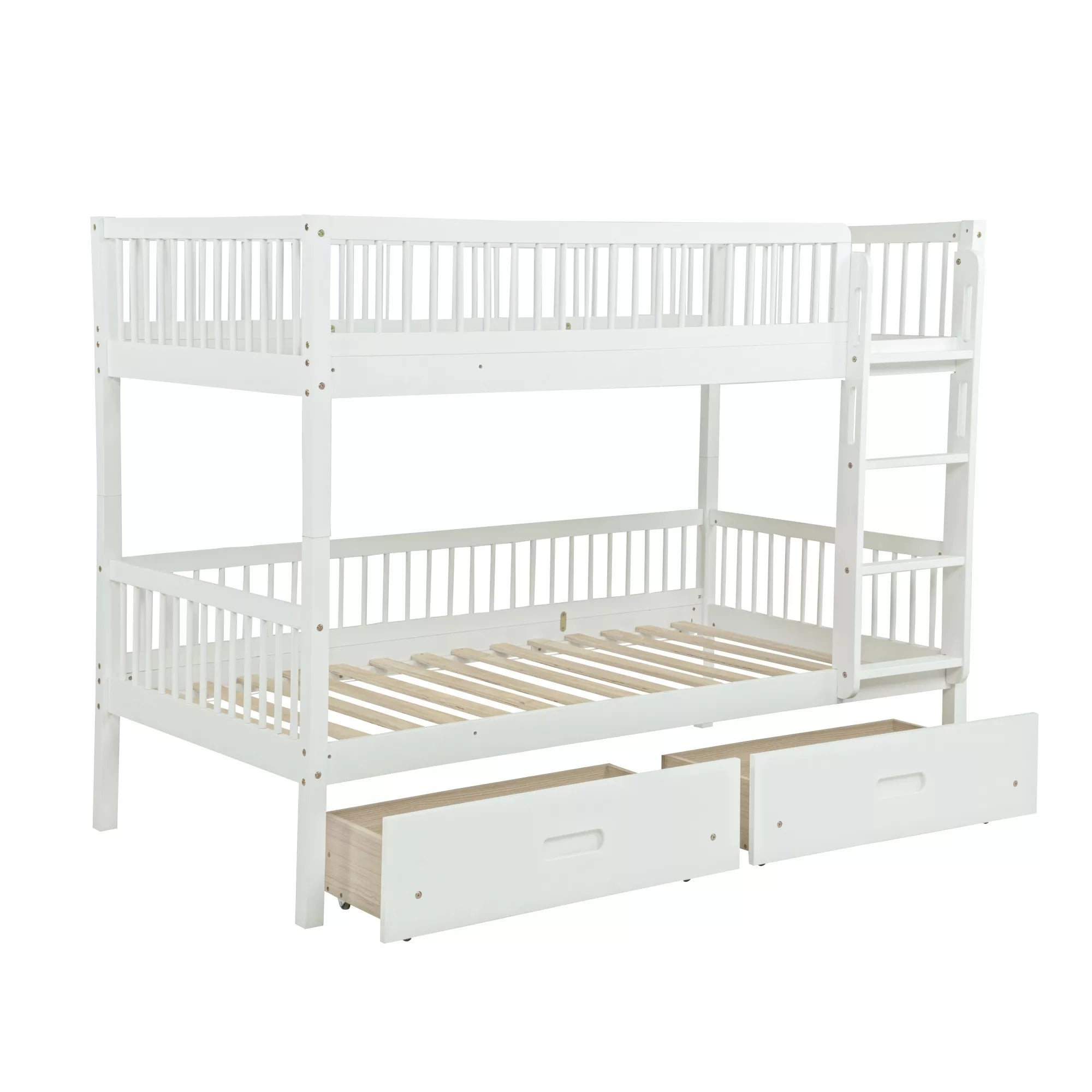 white wood bunk bed with twin over twin design and under bed storage drawers