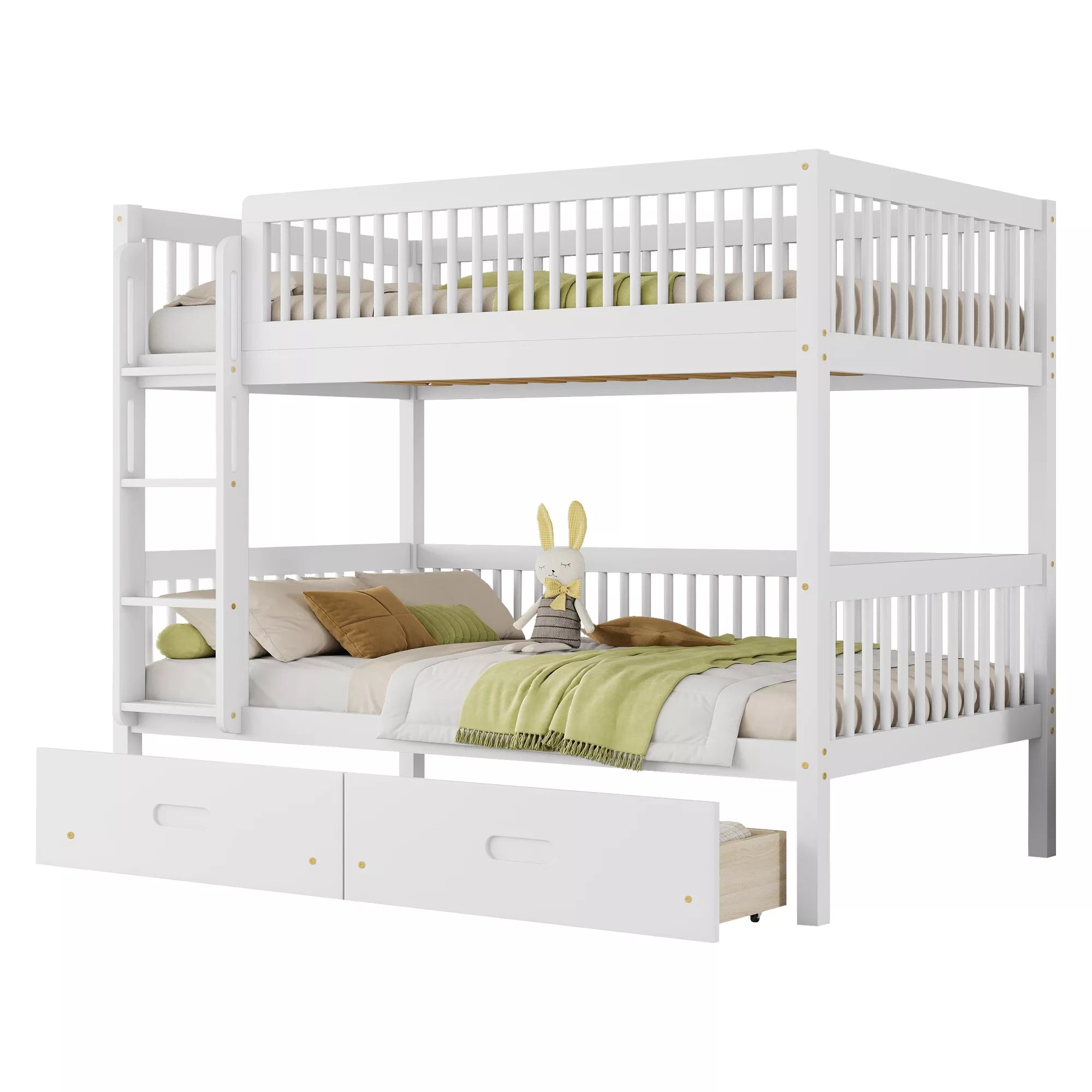 white pine wood bunk bed with storage drawers and twin sleeping areas