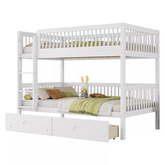 white pine wood bunk bed with storage drawers and twin sleeping areas