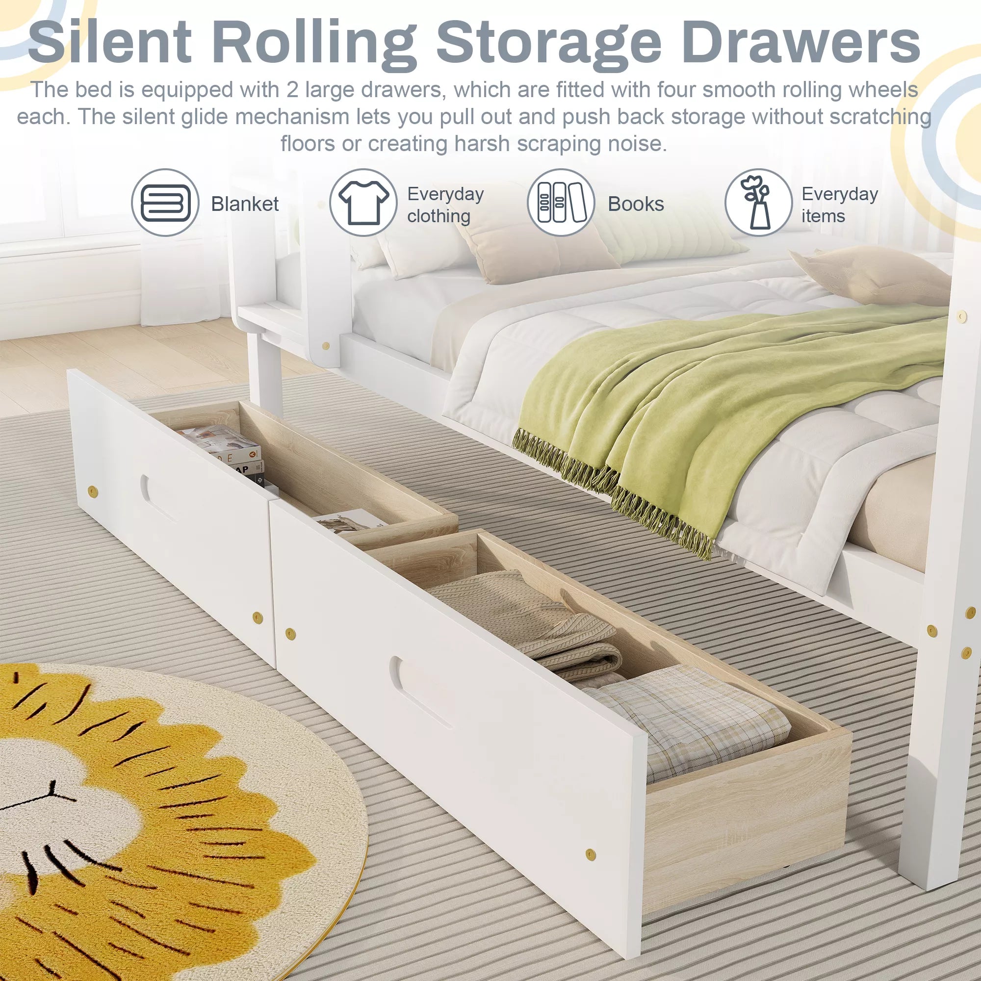 under bed storage drawers with smooth rolling wheels on bunk bed