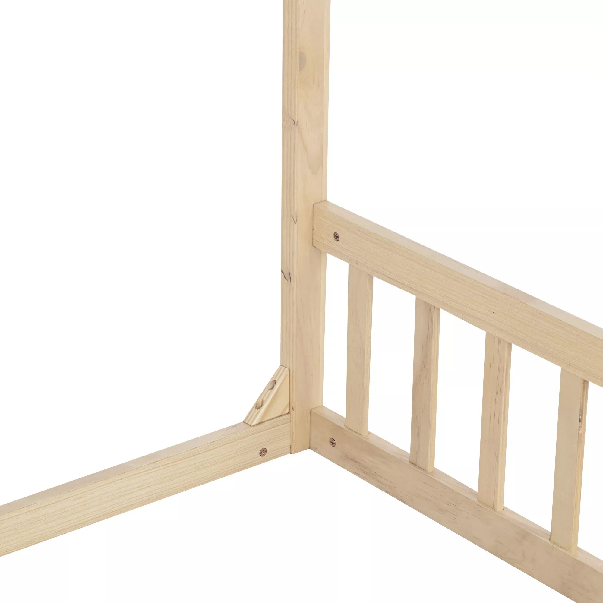 Wooden house floor bed corner with safety guardrail