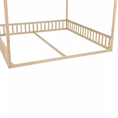 Twin floor bed with wooden safety guardrails