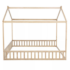 Wooden twin house floor bed front view with safety rails