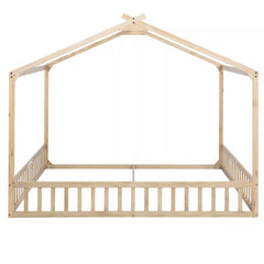 House shaped floor bed wooden frame with full guardrails