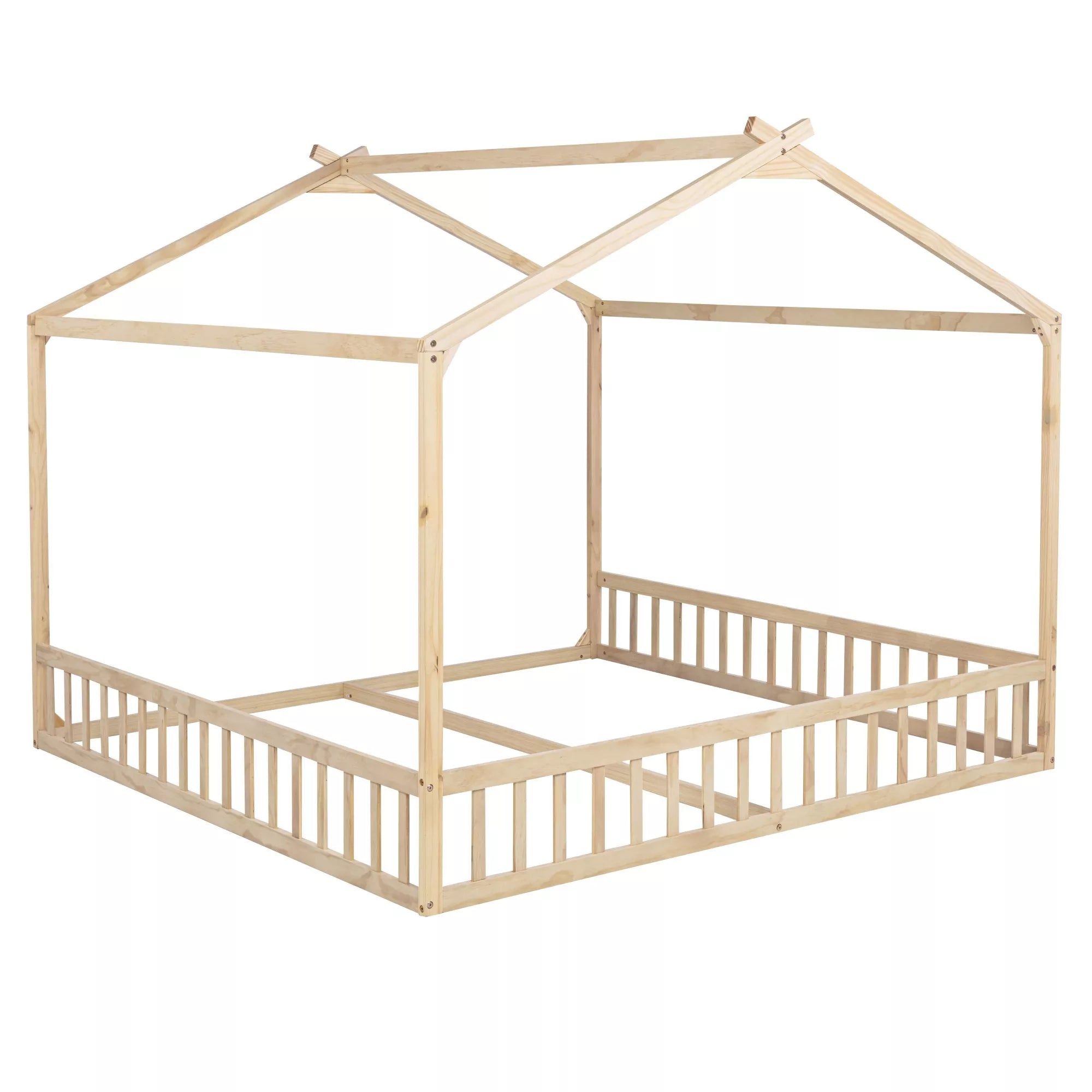 Double twin kids floor bed with house frame design