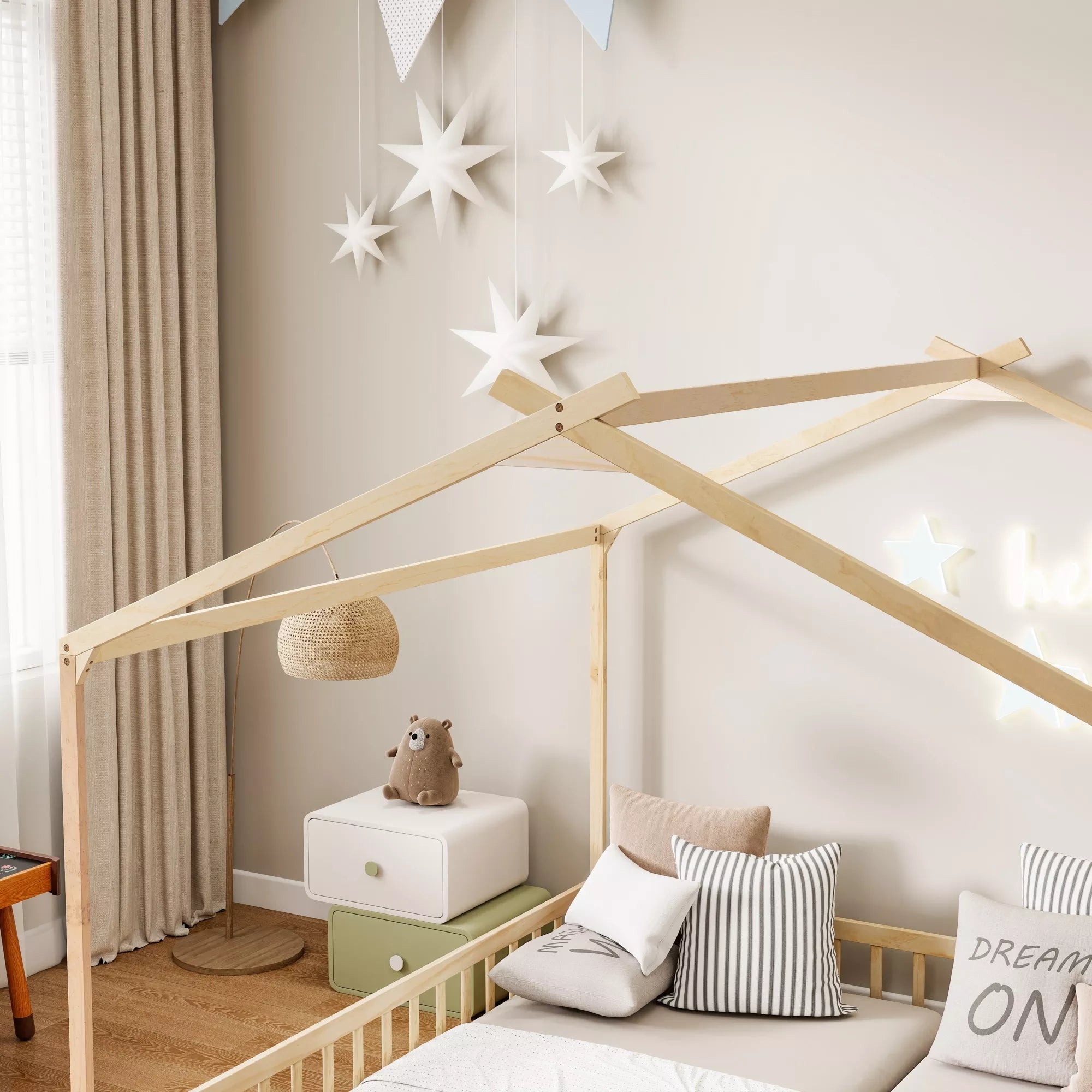 Twin house floor bed bedroom setup with roof frame