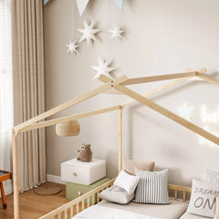Twin house floor bed bedroom setup with roof frame