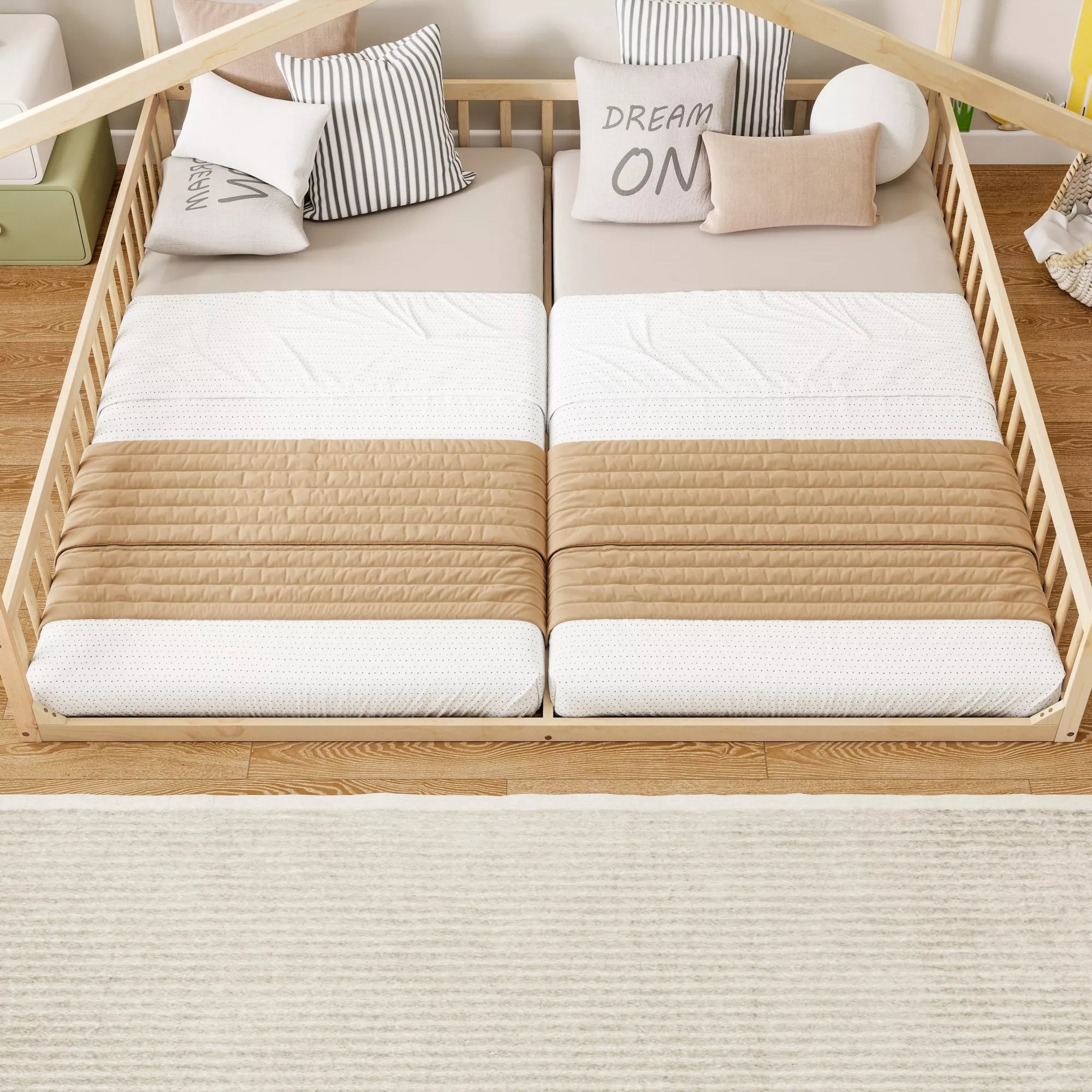 Double twin floor bed with mattresses and house frame