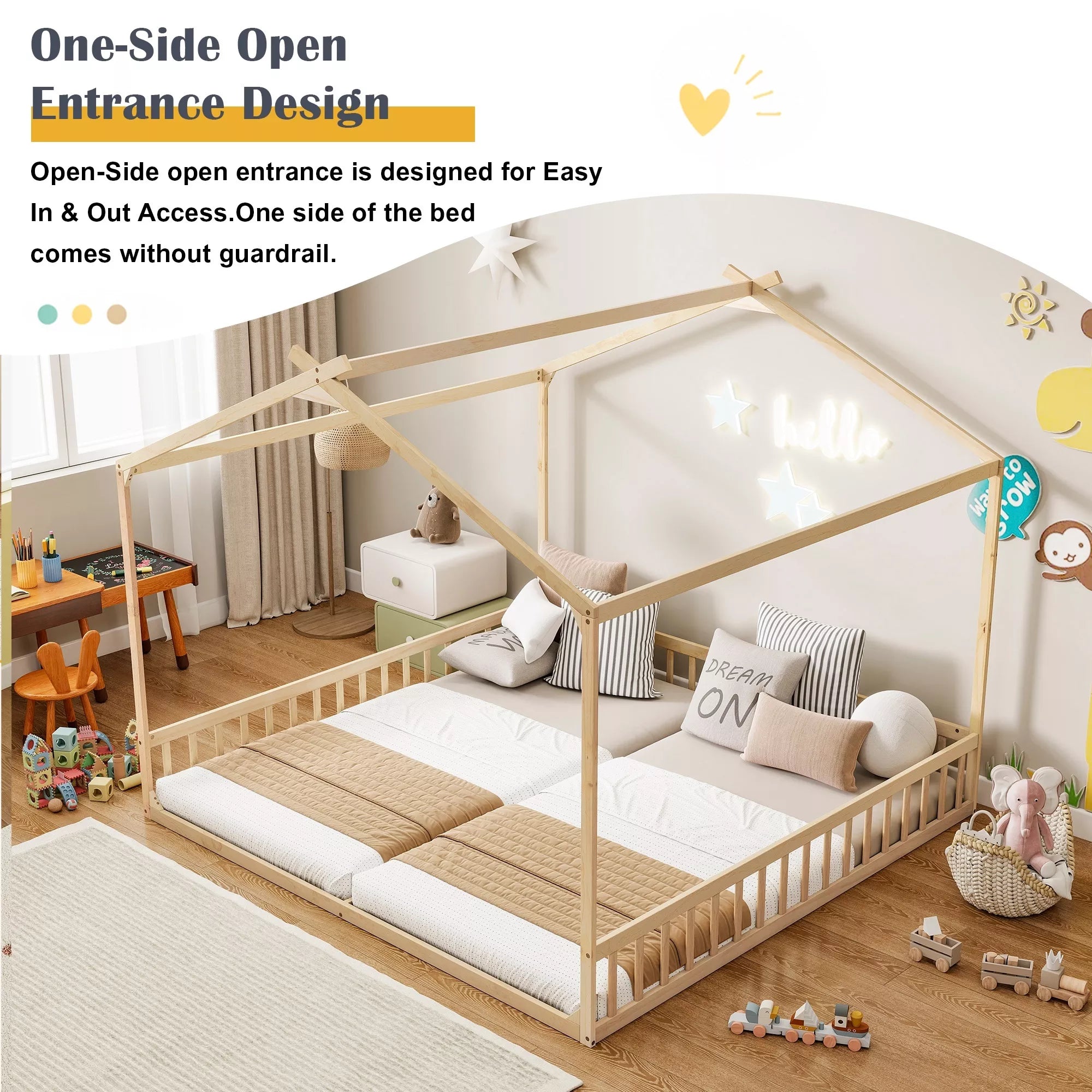 Double twin house floor bed with cozy bedroom setup