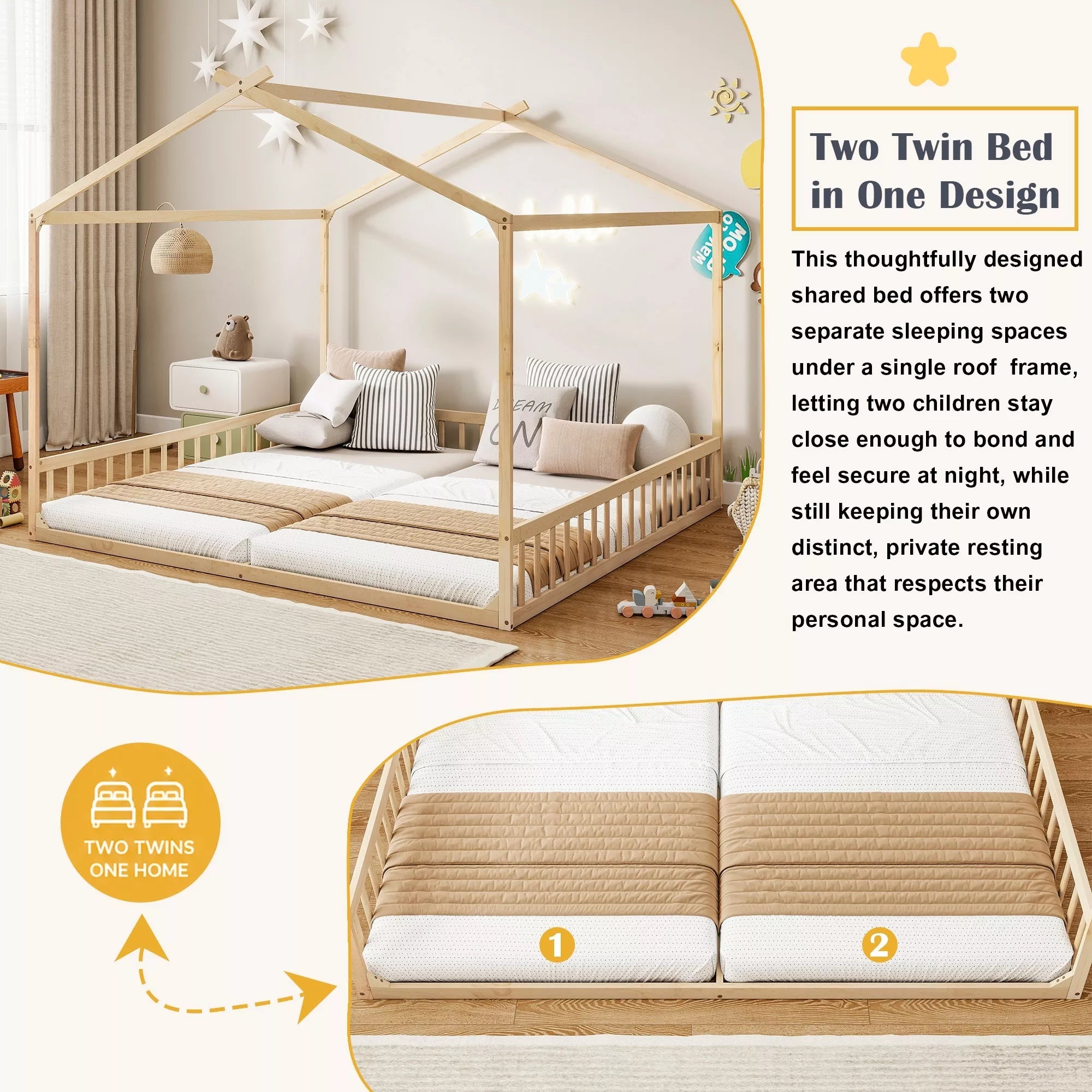 Twin house floor bed entrance and guardrail design
