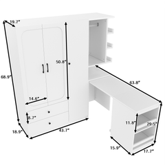 Bellemave® White Multifunctional Wardrobe with Convertible Desk & Storage Drawers | 2-Door Wooden Closet for Bedroom, Laundry Room, Hallway | Multi-Storage Wardrobe with Hanging Rod & Shelves Bellemave®