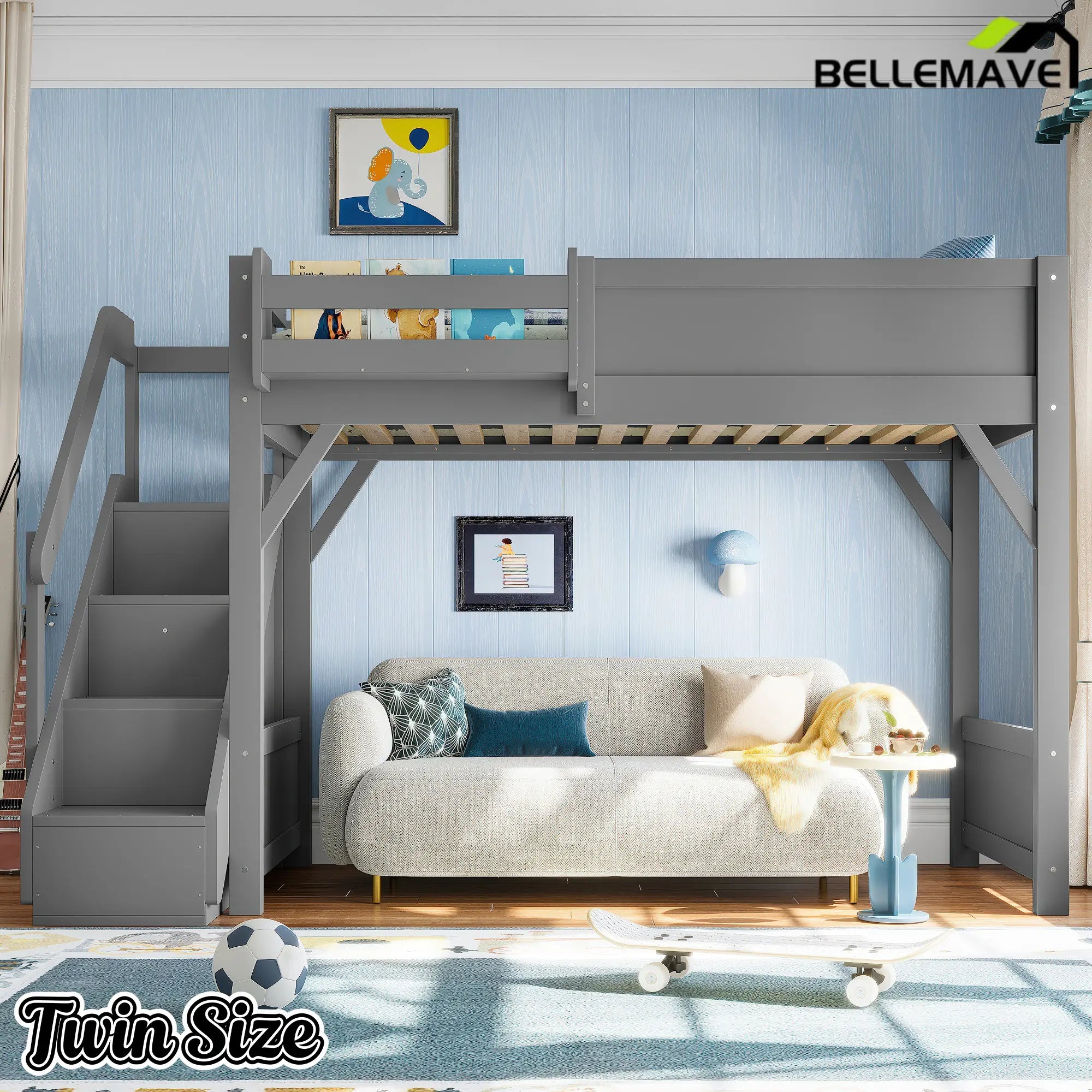 Bellemave® Twin Loft Bed with Storage Stairs and Built-in Wardrobe and Bedside Shelves, Wood Loft Bed for Kids, Teens, Adults, Gray Bellemave®