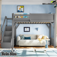 Bellemave® Twin Loft Bed with Storage Stairs and Built-in Wardrobe and Bedside Shelves, Wood Loft Bed for Kids, Teens, Adults, Gray Bellemave®