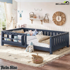 Blue twin floor bed with built-in bookshelf and safety rails