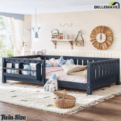 Blue kids floor bed with surrounding guardrails design