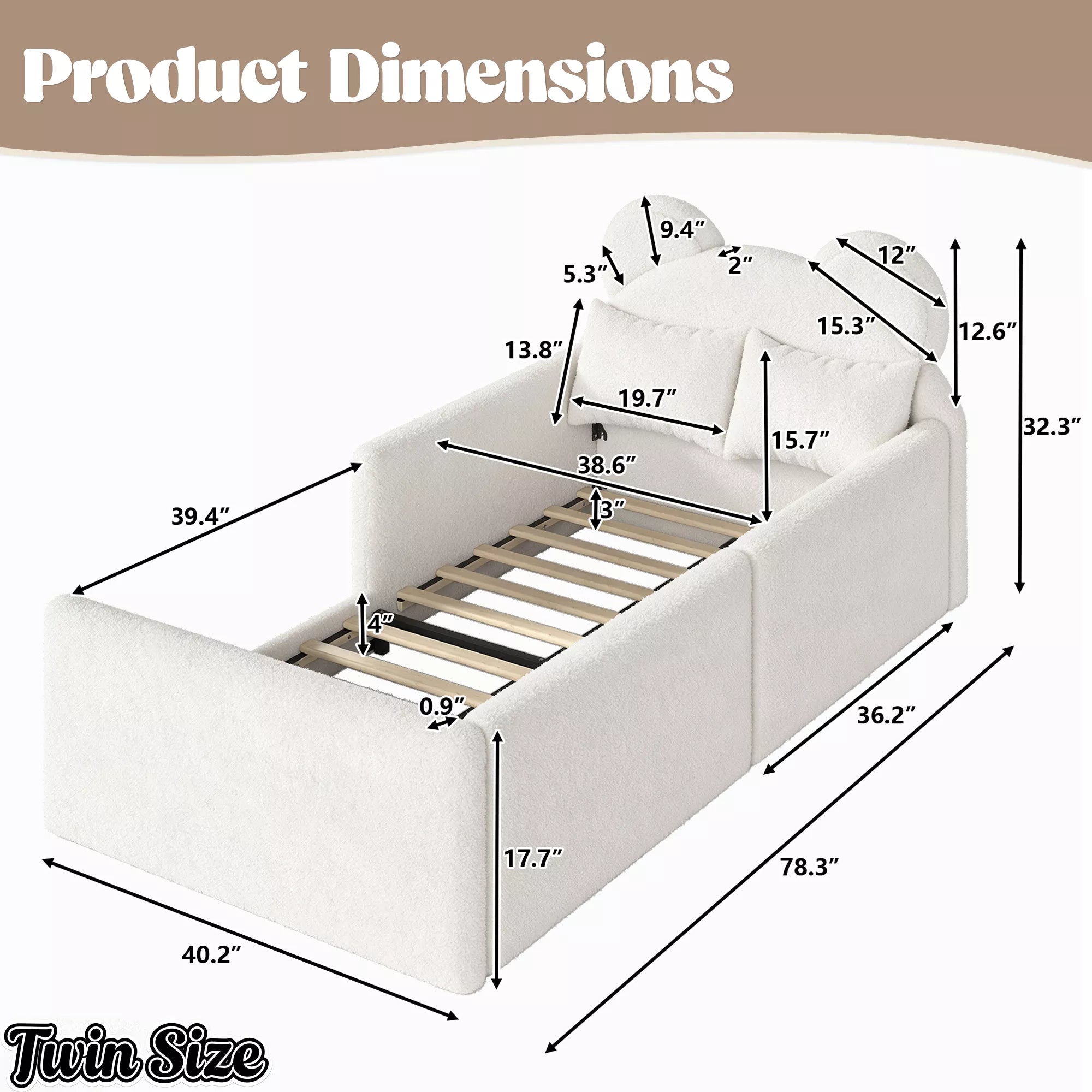 Twin size bear shaped upholstered kids bed dimensions