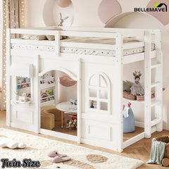 White twin loft bed with storage shelves and kids bedroom design
