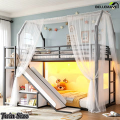 Twin size house loft bed with slide in kids bedroom