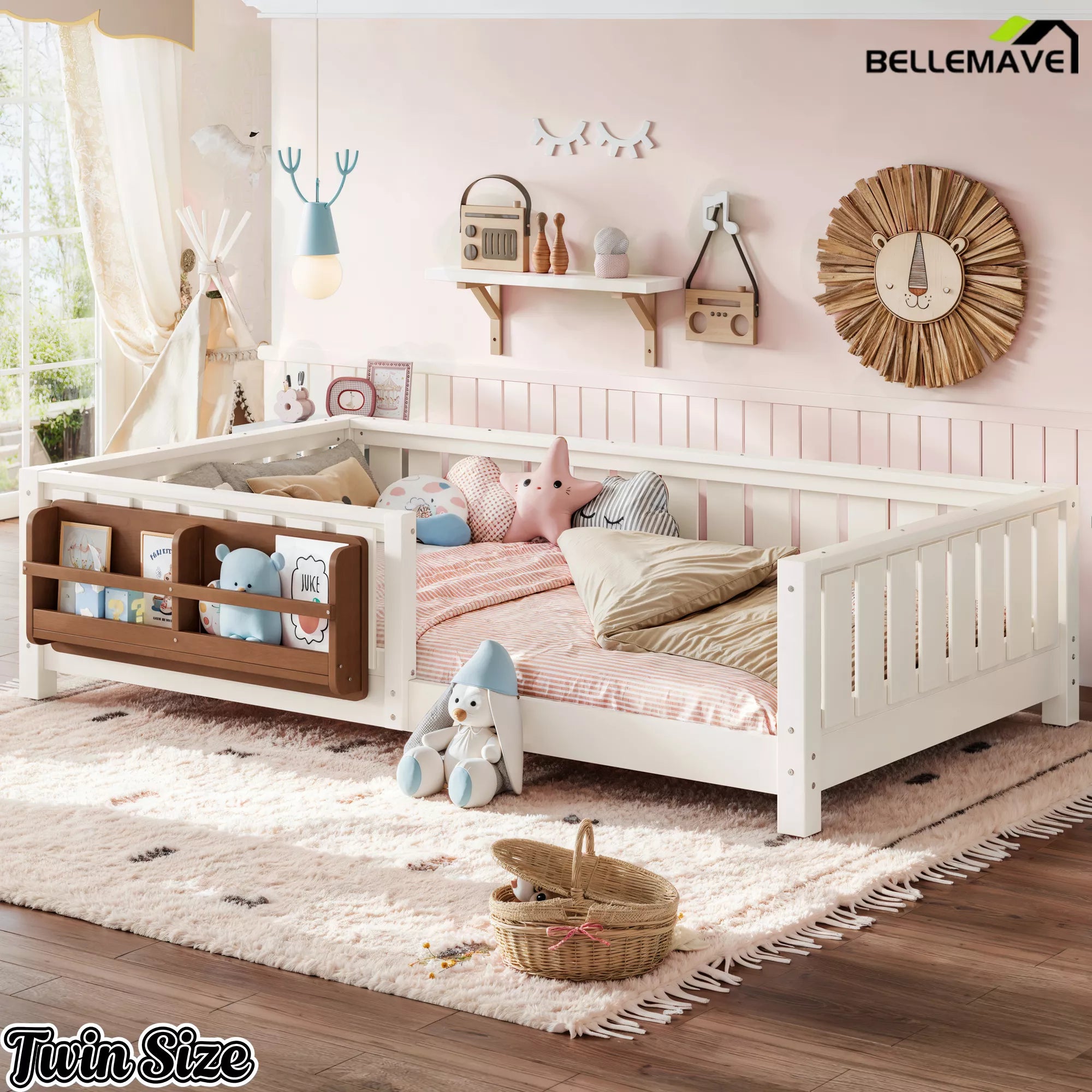 Twin Montessori floor bed with built-in bookshelf and guardrails