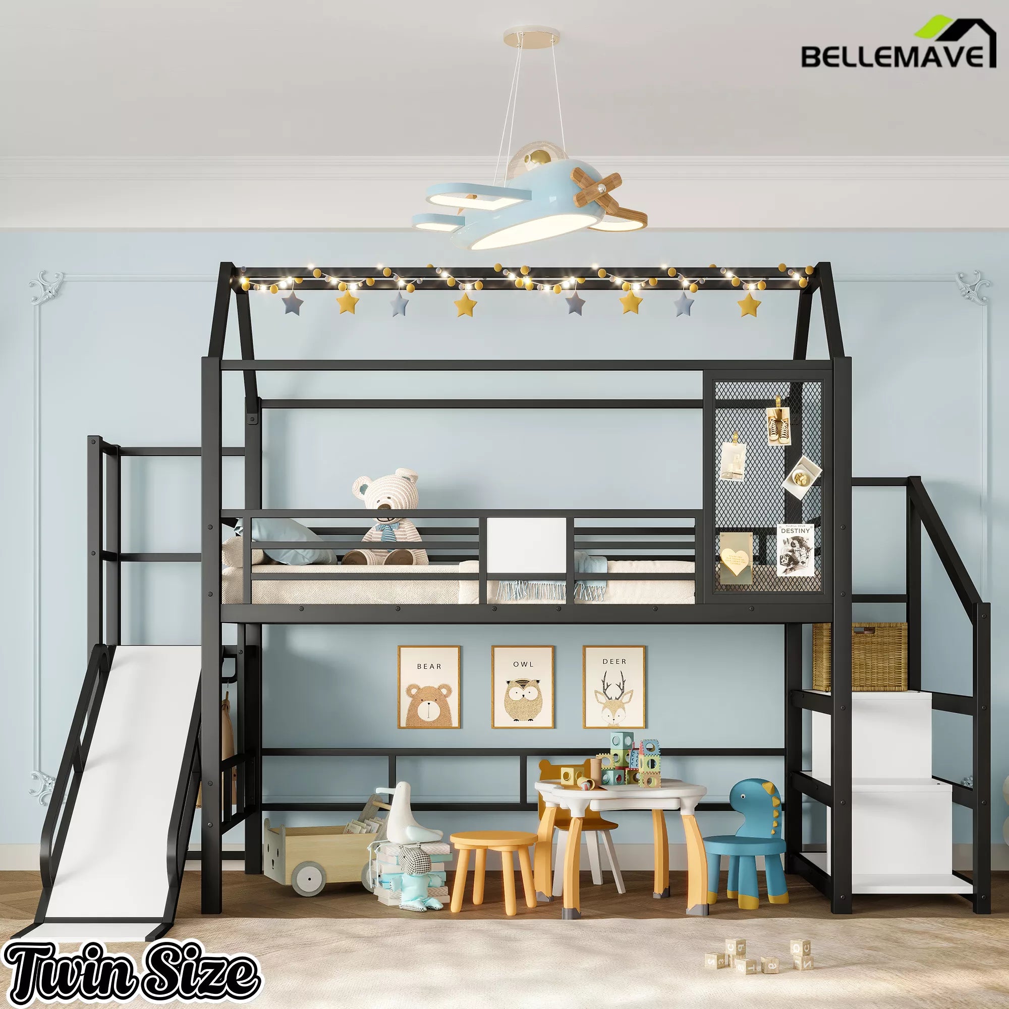 Black twin house loft bed with slide and storage shelves