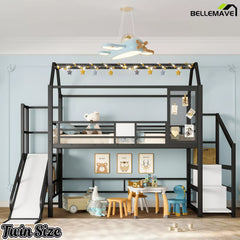 Black twin house loft bed with slide and storage shelves