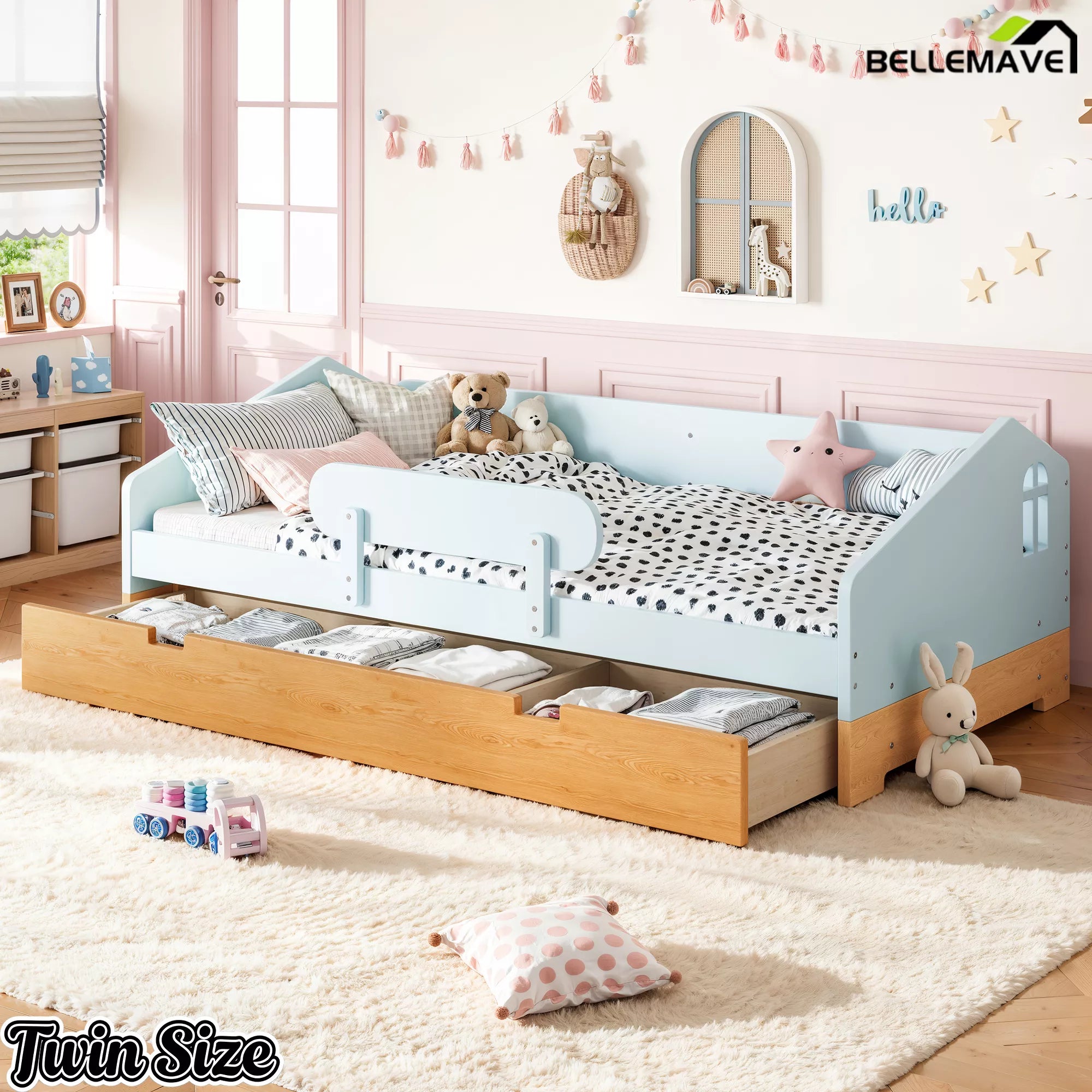 Twin house floor bed with storage drawer
