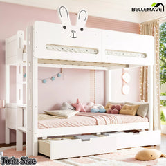 Twin-size white rabbit headboard bunk bed with lower storage drawers in a pink bedroom