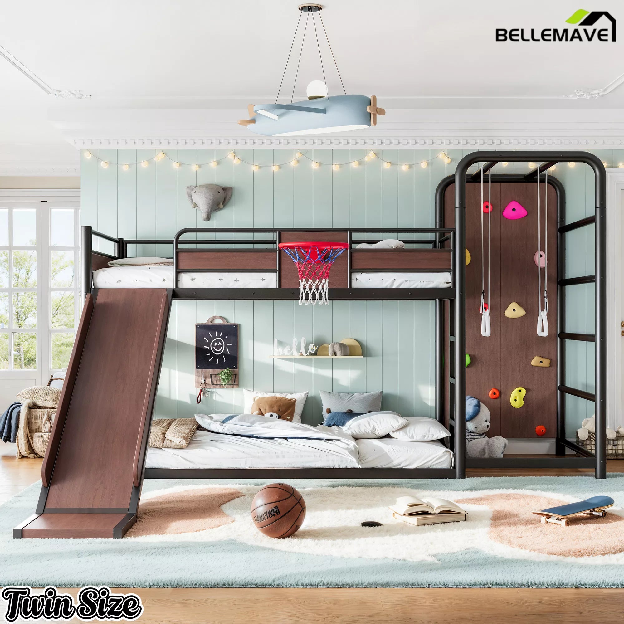 Twin black metal loft bed with slide and climbing wall for children's room