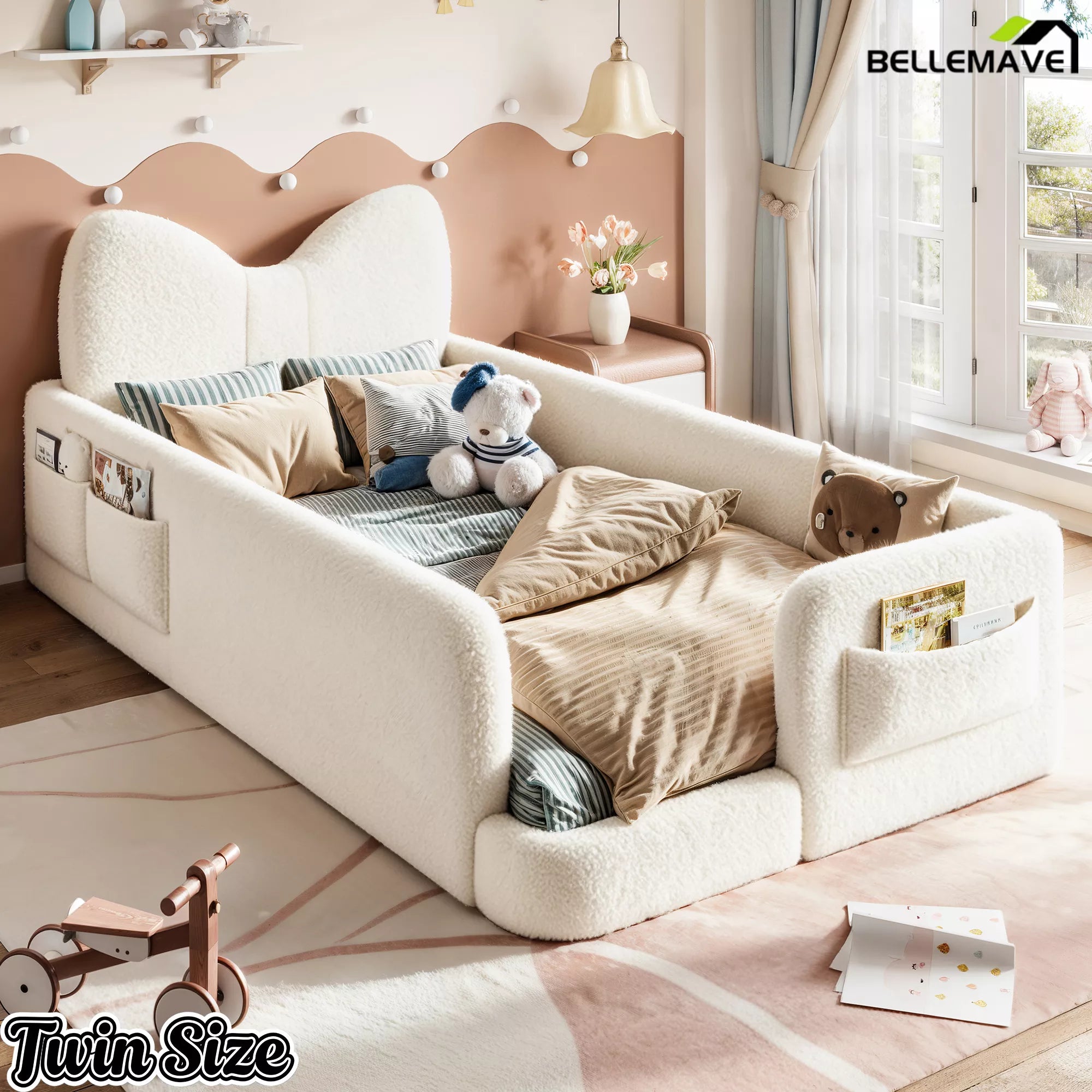 twin kids platform bed with bow shaped upholstered headboard