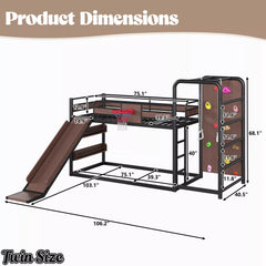Twin size metal loft bed dimensions with slide and climbing wall design