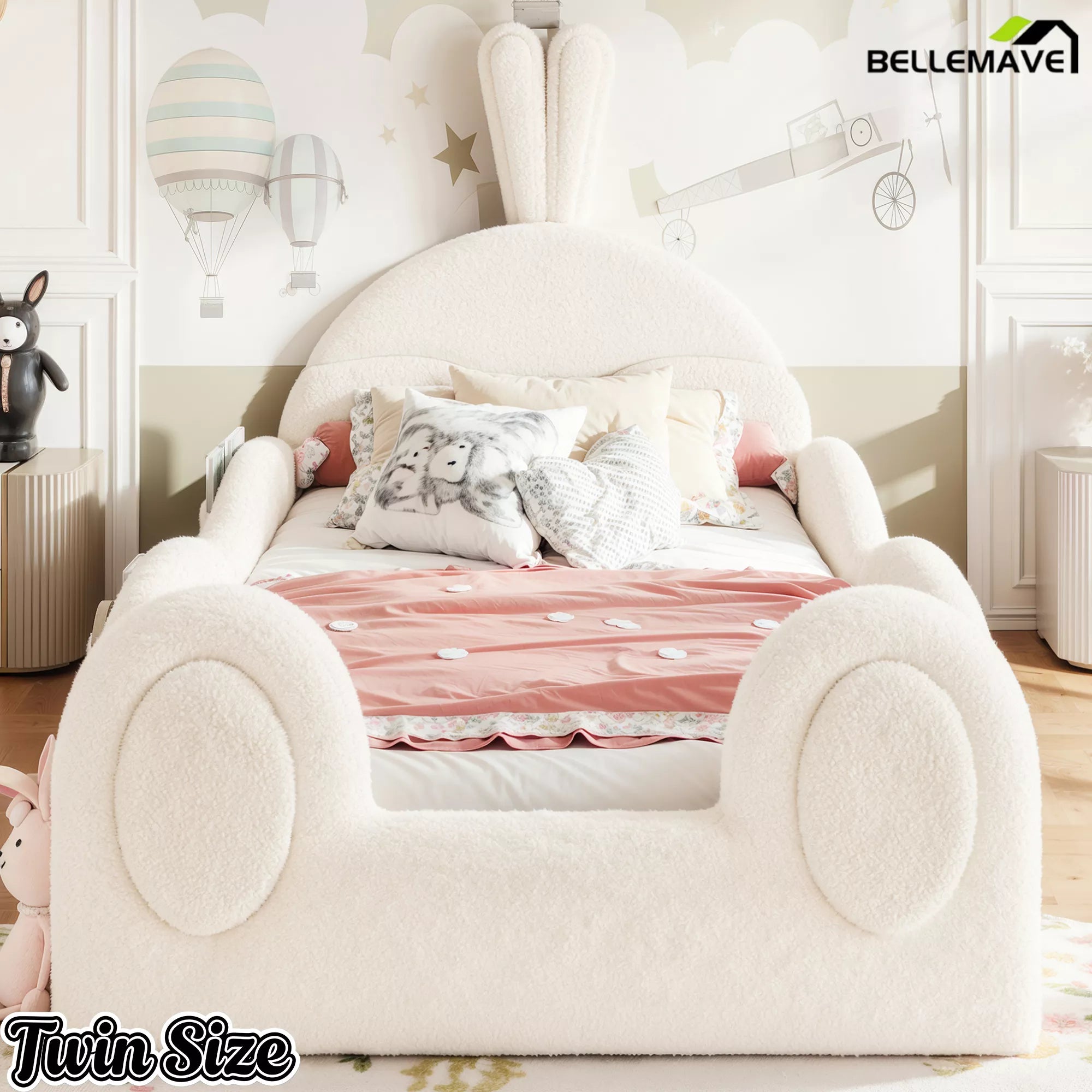 Twin size rabbit headboard kids platform bed front view