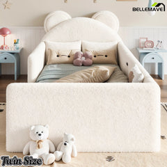 Twin size teddy fabric kids floor bed with headboard