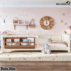 Twin kids floor bed with bookshelf and low profile design