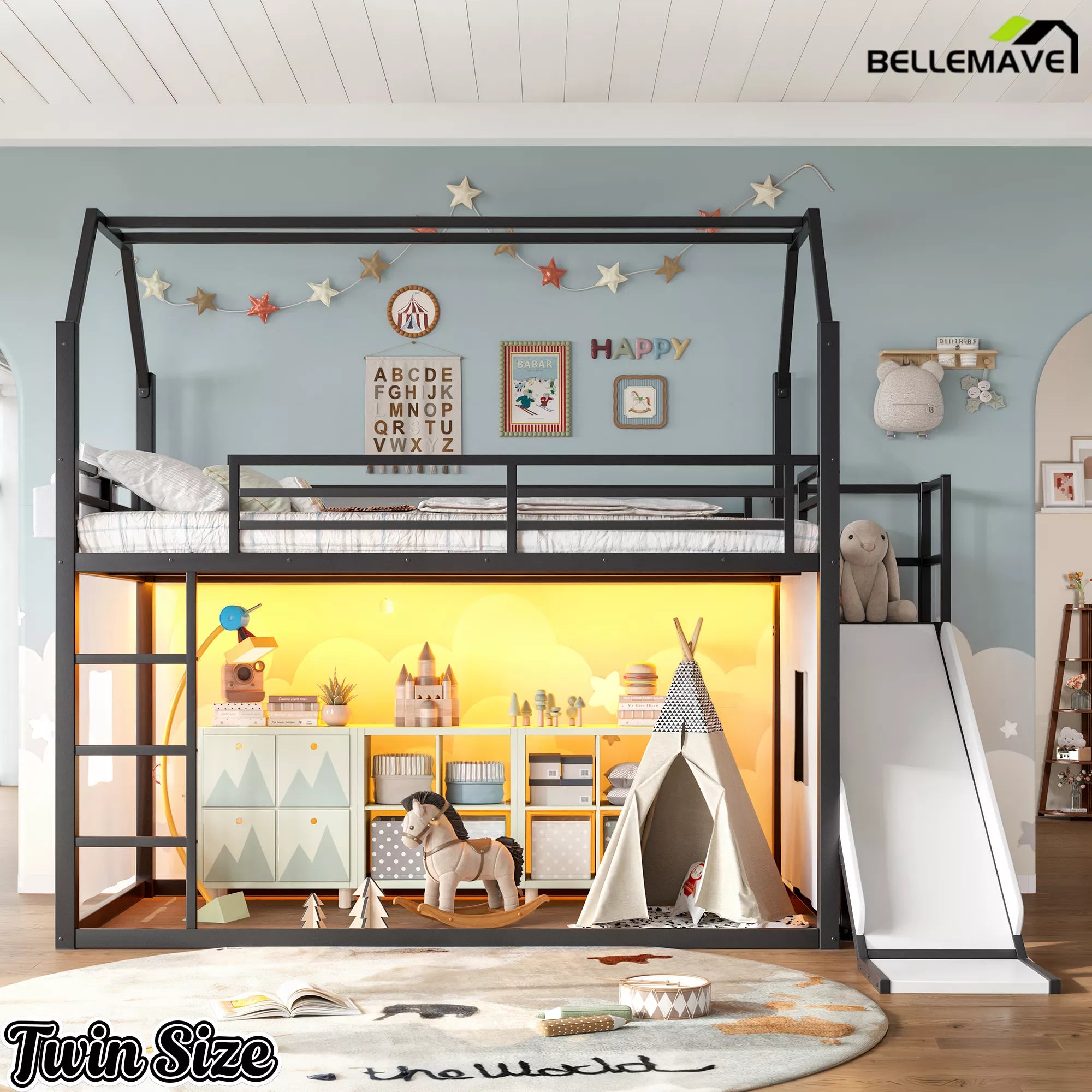 Black metal twin loft bed with slide and LED lights