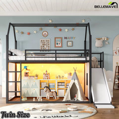 Black metal twin loft bed with slide and LED lights