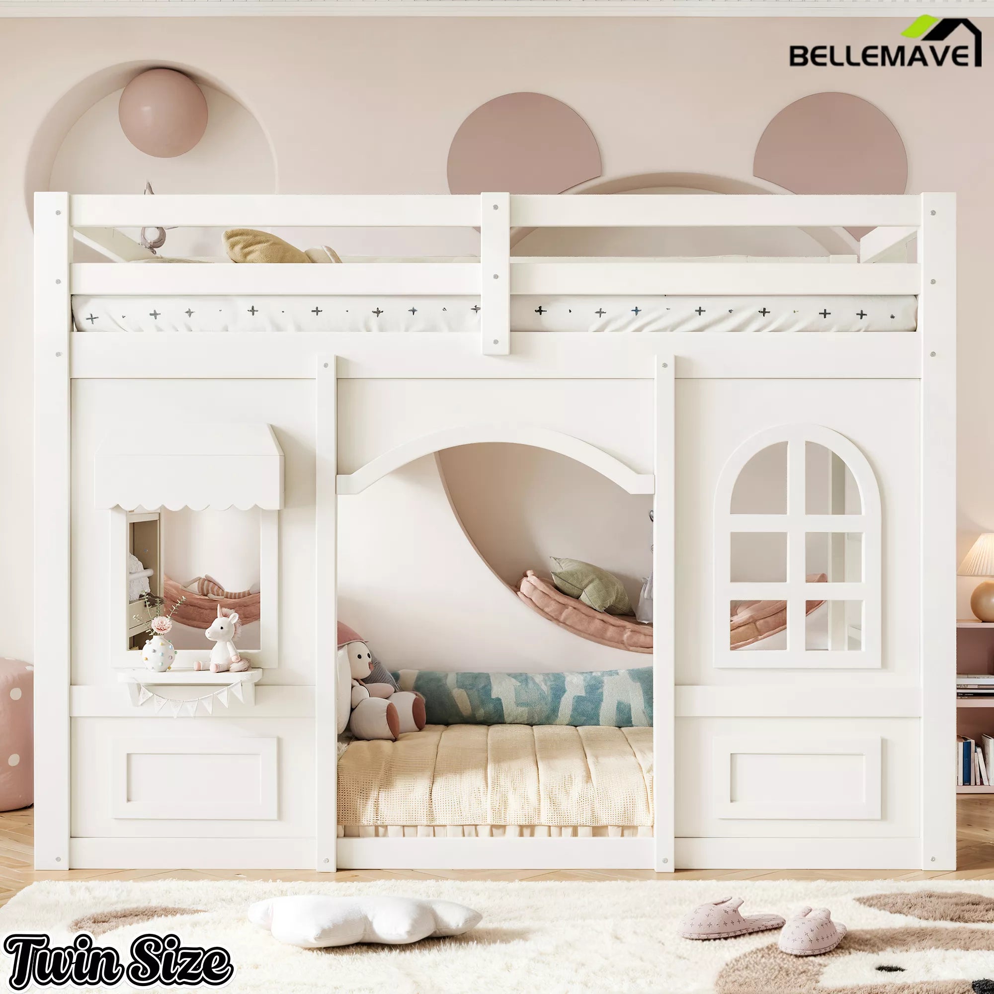 White kids loft bed with play windows and under bed space