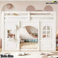 White kids loft bed with play windows and under bed space