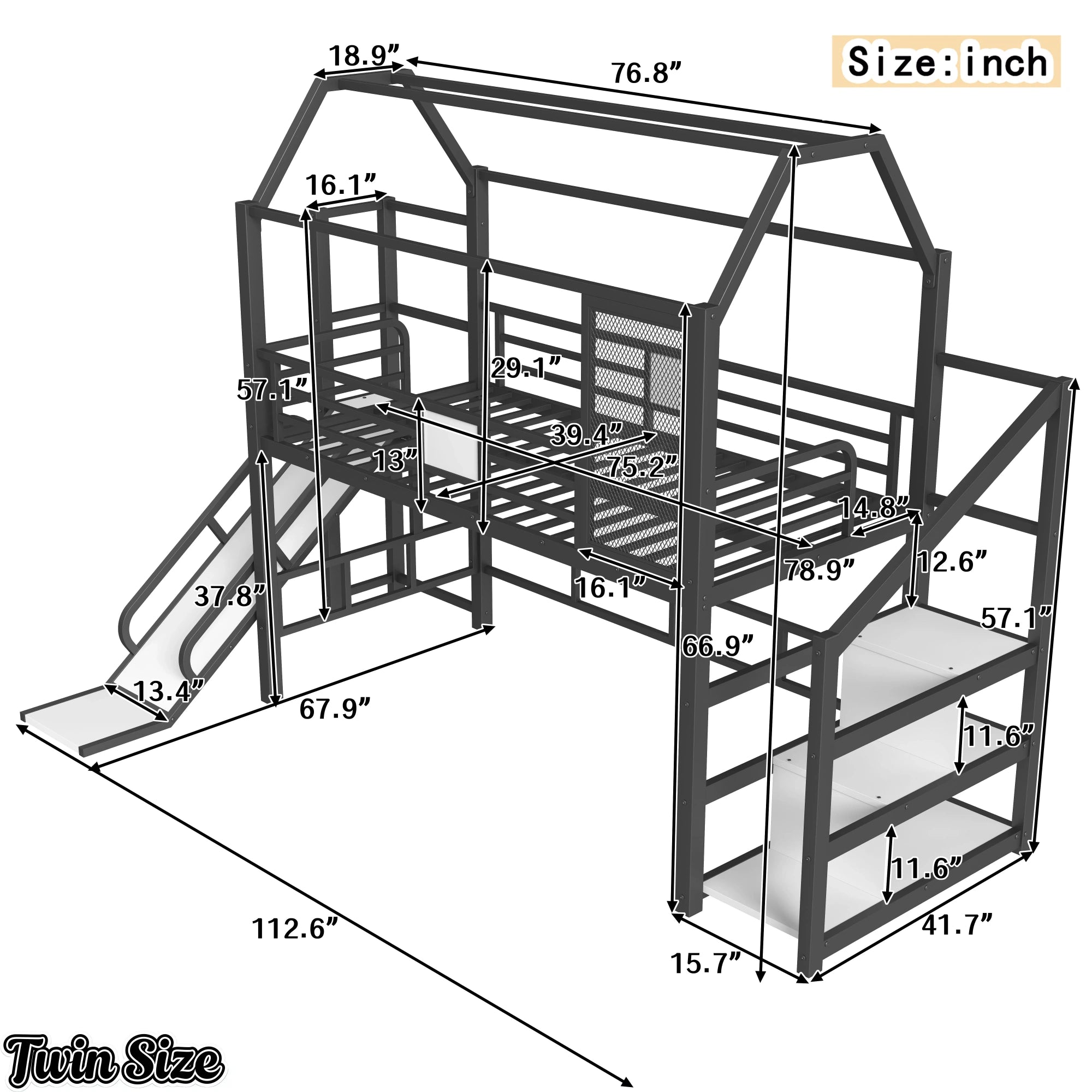 Twin house loft bed dimensions with stairs and metal frame design