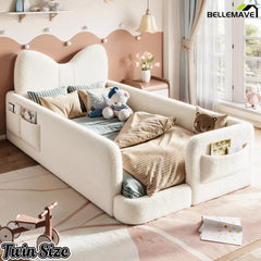 twin kids platform bed with bow shaped upholstered headboard