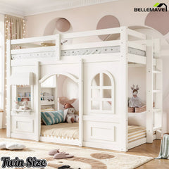 Twin loft bed with built-in shelves and open play area
