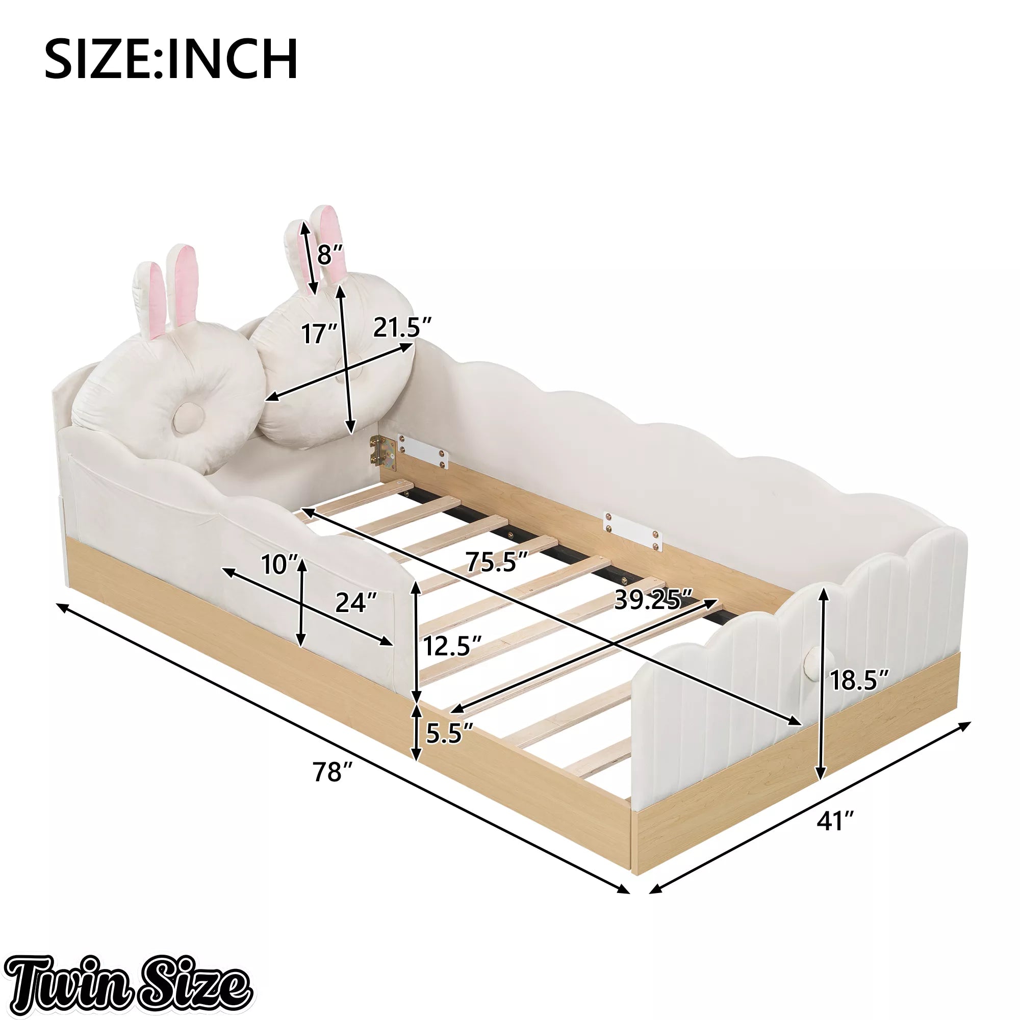 Twin upholstered platform bed dimension diagram showing overall bed measurements
